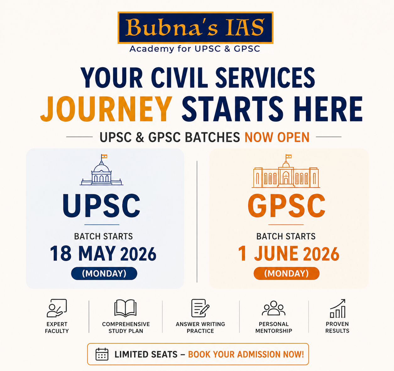 UPSC and GPSC batch poster by Bubna’s IAS showing batch start dates 18 May 2026 and 1 June 2026 with minimal design
