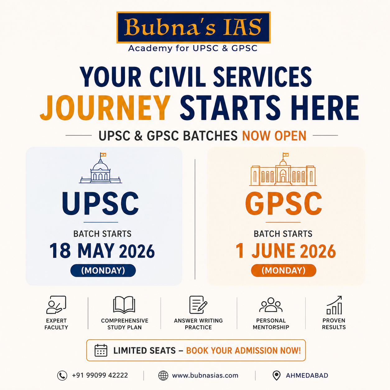 UPSC and GPSC batch poster by Bubna’s IAS showing batch start dates 18 May 2026 and 1 June 2026 with minimal design