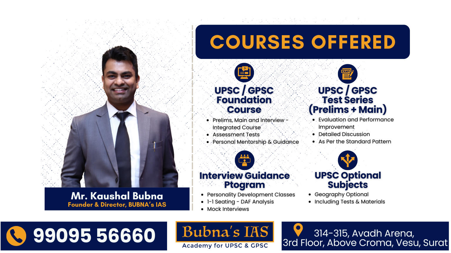 Mr. Kaushal Bubna, Founder of Bubna’s IAS Academy Surat, presenting UPSC & GPSC Foundation Course, Test Series, Interview Guidance, and Optional Subjects coaching