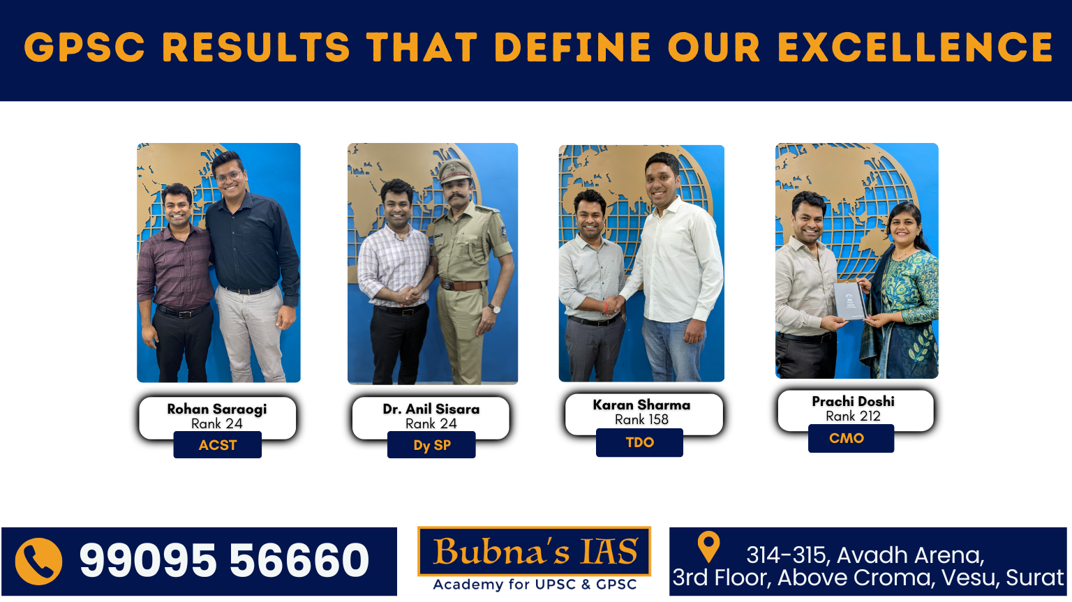Bubna’s IAS Academy GPSC achievers – Rohan Saraogi (Rank 24, ACST), Dr. Anil Sisara (Rank 24, Dy SP), Karan Sharma (Rank 158, TDO), Prachi Doshi (Rank 212, CMO)