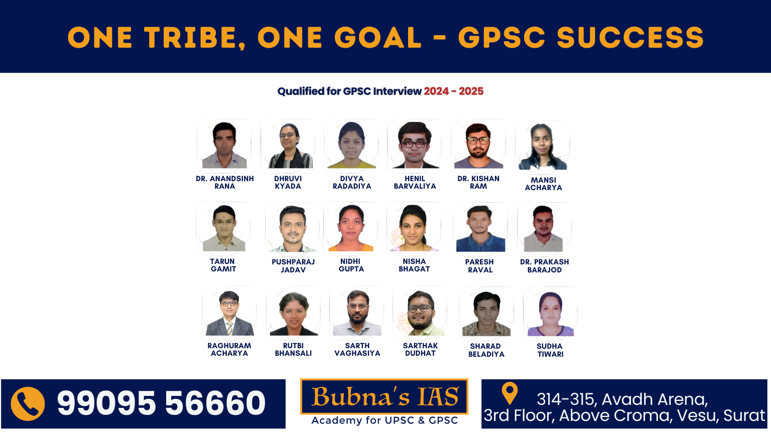 Bubna’s IAS Academy students qualified for GPSC Interview 2024–25 – successful candidates from Surat UPSC & GPSC coaching institute