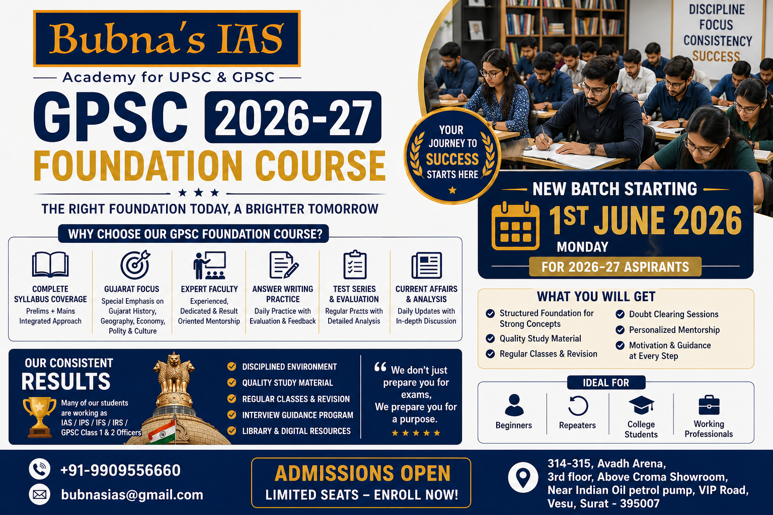 GPSC 2026-27 foundation course poster by Bubna’s IAS Surat showing new batch starting from 1st June 2026 with details of syllabus coverage, expert faculty, answer writing practice, test series, and contact information