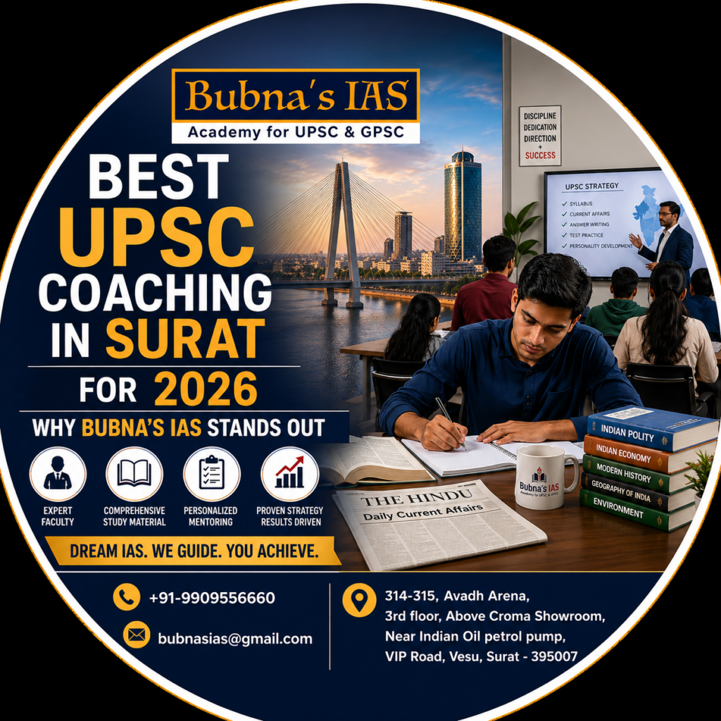 Best UPSC coaching in Surat for 2026 by Bubna's IAS with Surat skyline, UPSC classroom, student studying and coaching institute details