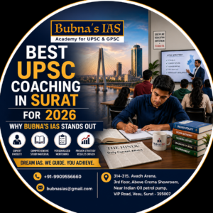 Best UPSC coaching in Surat for 2026 by Bubna's IAS with Surat skyline, UPSC classroom, student studying and coaching institute details