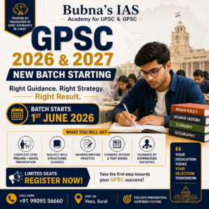 GPSC 2026-27 foundation course poster by Bubna’s IAS Surat showing new batch starting from 1st June 2026 with details of syllabus coverage, expert faculty, answer writing practice, test series, and contact information
