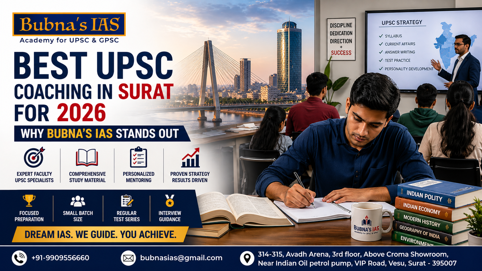 Best UPSC coaching in Surat for 2026 by Bubna's IAS with Surat skyline, UPSC classroom, student studying and coaching institute details
