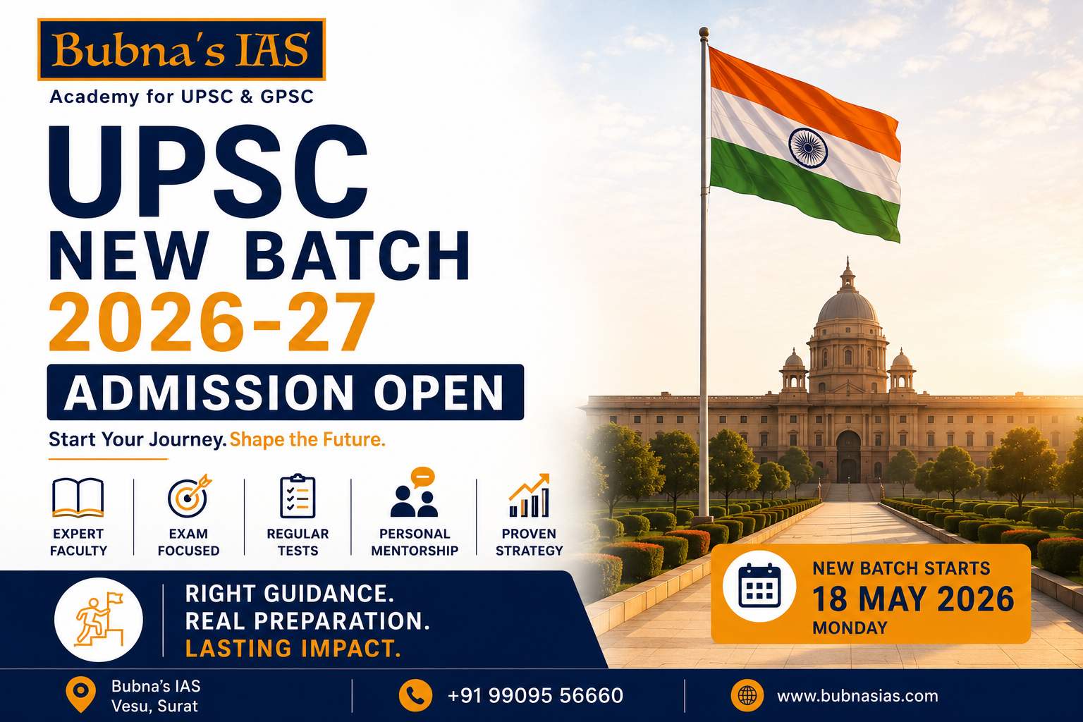 UPSC new batch 2026-27 admission open poster by Bubna’s IAS Surat with batch start date 18 May 2026, features expert faculty, mentorship, and UPSC coaching details.