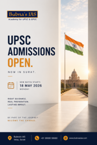 UPSC new batch 2026-27 admission open poster by Bubna’s IAS Surat with batch start date 18 May 2026, features expert faculty, mentorship, and UPSC coaching details.