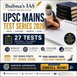 UPSC Mains Test Series 2026 poster by Bubna’s IAS Surat featuring 27 UPSC-standard tests, answer writing practice, ethics preparation, mentorship support, and UPSC Mains 2026 schedule starting from 1st June 2026.
