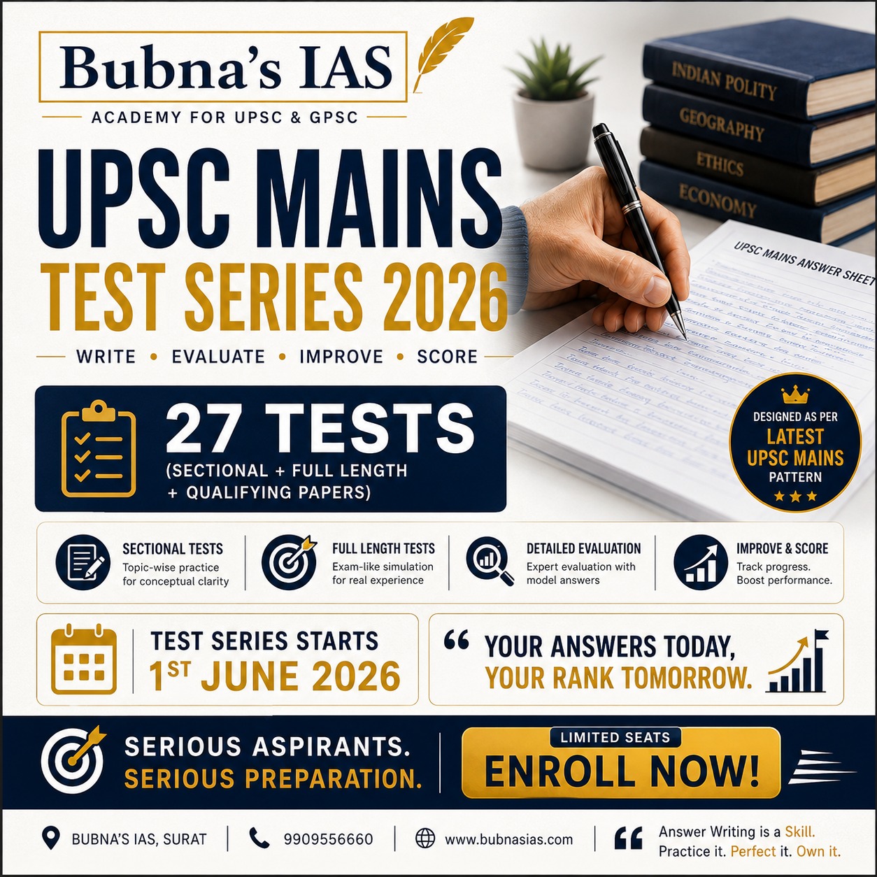 UPSC Mains Test Series 2026 poster by Bubna’s IAS Surat featuring 27 UPSC-standard tests, answer writing practice, ethics preparation, mentorship support, and UPSC Mains 2026 schedule starting from 1st June 2026.