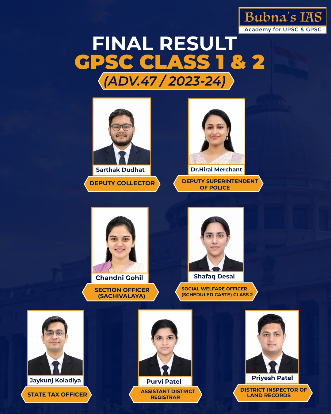 GPSC Final Result Advt 47 2023-24: Seven successful candidates of Bubna's IAS Surat including Sarthak Dudhat, Dr Hiral Merchant, Chandni Gohil, Shafaq Desai, Jaykunj Koladiya, Purvi Patel and Priyesh Patel